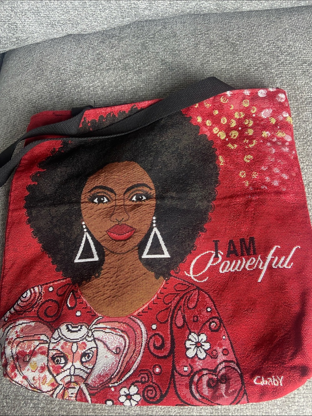 Red Canvas Tote Bag with Afro Portrait and 'I AM Powerful' Artwork